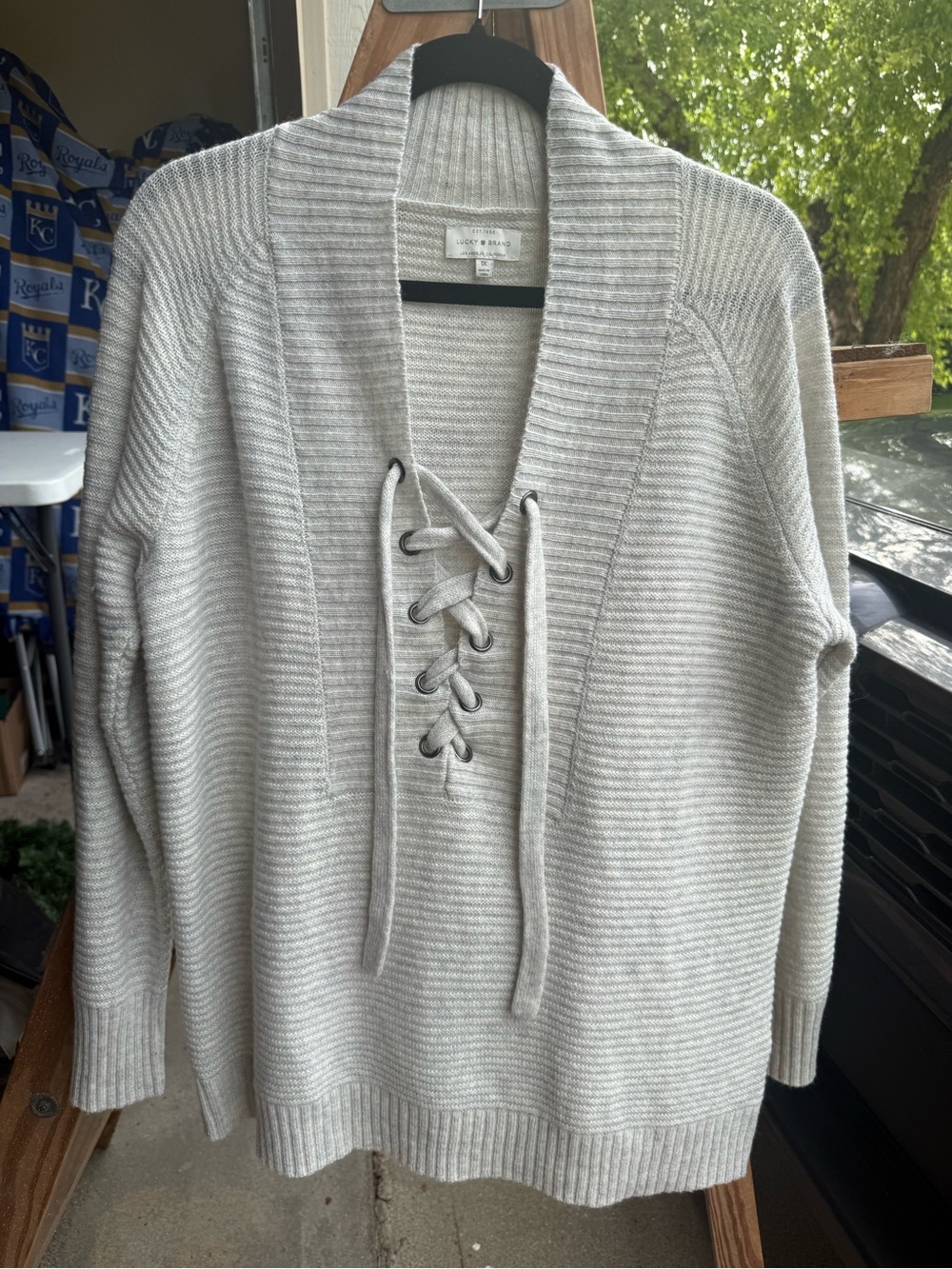 Lucky Brand Light Gray Lace-Up V-Neck Shawl Collar Sweater